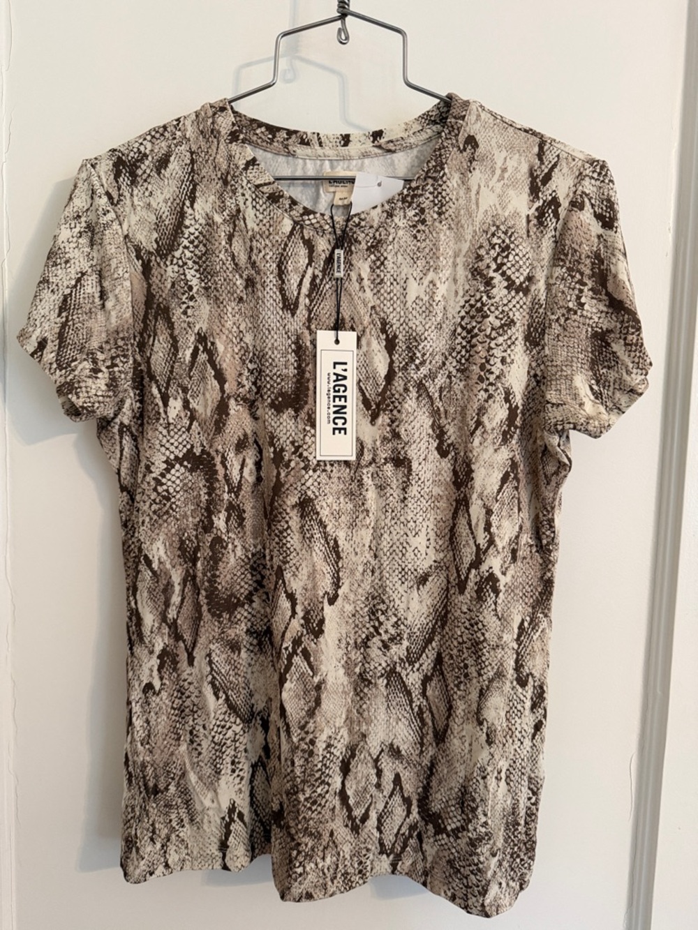 L'AGENCE Snake-Print Short Sleeve Tee in Brown and Cream